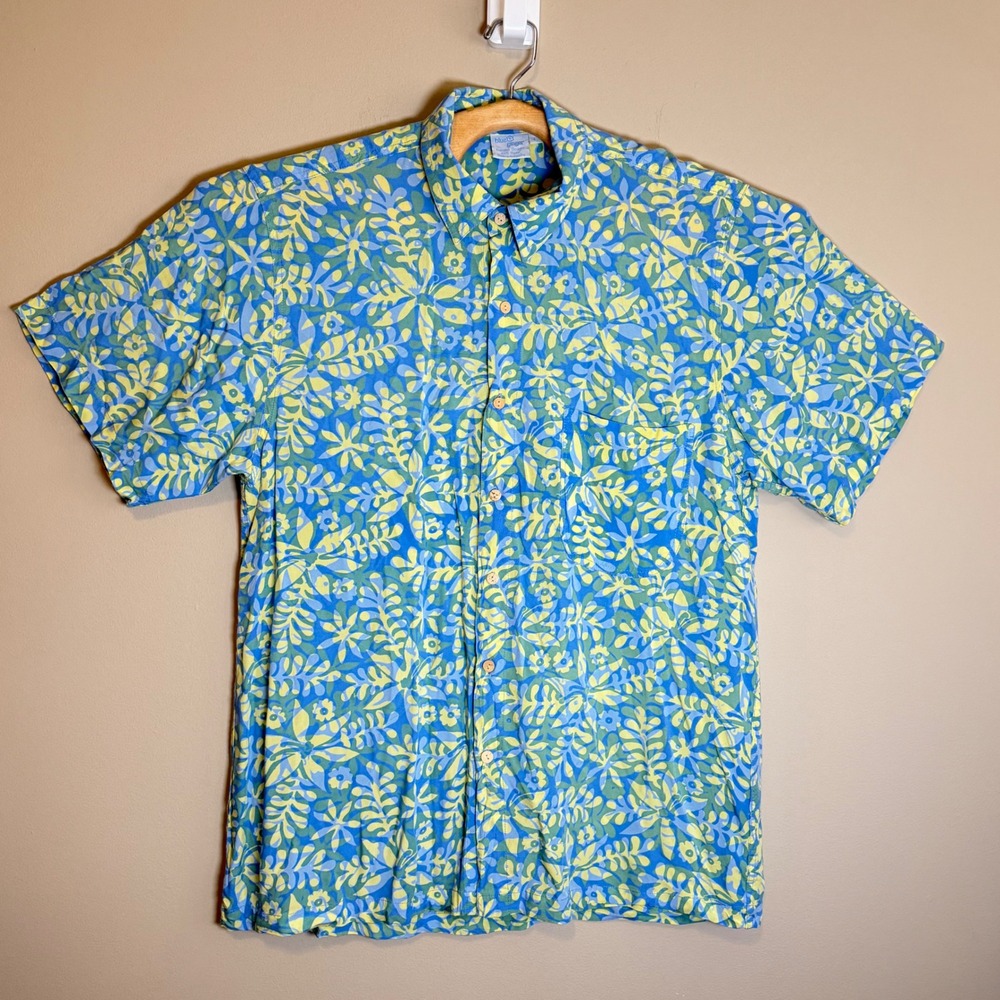 Blue Ginger Hawaiian Tropical Floral Rayon Resort Cruise Shirt Blue Green Mens L